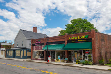 Historic buildings on Cabot Street in historic city center of Beverly, Massachusetts MA, USA.
