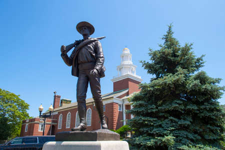 Winthrop Revolutionary War memorial monument at Metcalf Square in historic center of Winthrop,...
