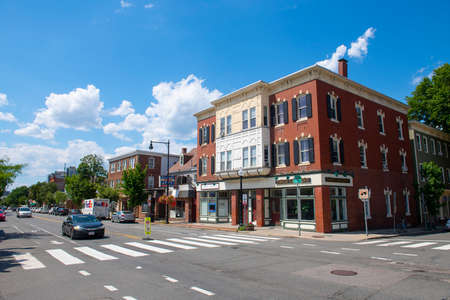 Historic commercial buildings at Cambridge Street at Sciarappa Street in East Cambridge, Massachusetts MA, USA.のeditorial素材