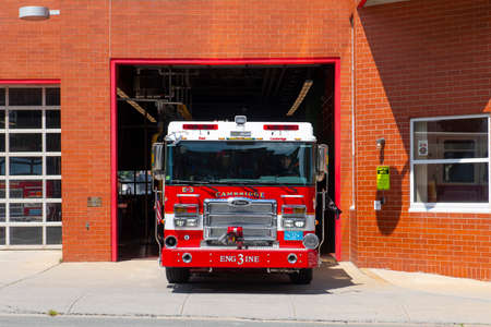 Fire Truck at East Cambridge Fire Station at 175 Cambridge Street in Cambridge, Massachusetts MA,...