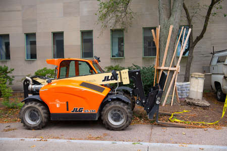 Forklift on a construction site in downtown Cambridge, Massachusetts MA, USA.のeditorial素材