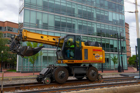Railroad Maintenance Machine Gradall XL 4330 on MBTA Green Line in Boston, Massachusetts MA, USA.