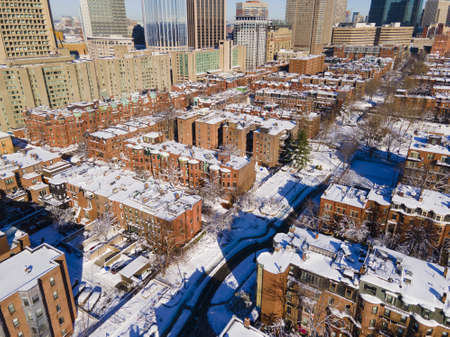 Boston historic townhouse in South End aerial view in winter, city of Boston, Massachusetts MA, USA.のeditorial素材