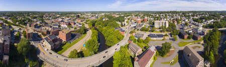 Blackstone River and Woonsocket Main Street Historic District panorama aerial view in downtown...