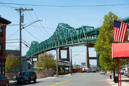 Tobin Memorial Bridge aka Tobin Bridge is a cantilever truss bridge spans on Mystic River between Boston and Chelsea in Massachusetts MA, USA.のeditorial素材