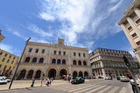 Rossio Train Station at Praca dos Restauradores (Restauradores Square) in Lisbon, Portugal. Rossio Station is Neo-Manueline building built in 19th century.のeditorial素材