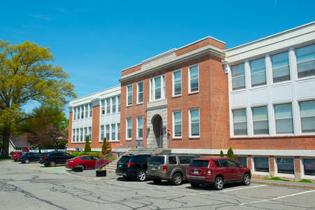Millis town hall on Main Street at the town center of Millis in Boston Metro West area, Massachusetts, MA, USA.のeditorial素材
