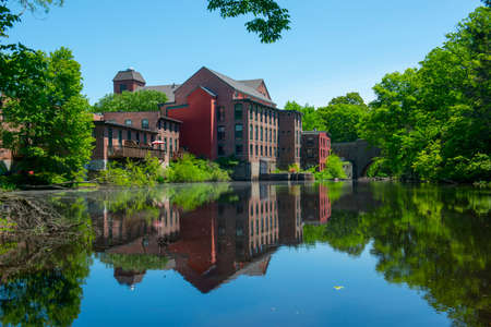 Sandford Mill on Charles River in Medway historic town center in summer, Medway, Boston Metro West area, Massachusetts MA, USA.のeditorial素材