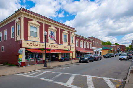 Historic commercial building on Nason Street near Main Street in Maynard historic town center in summer, Maynard, Massachusetts MA, USA.のeditorial素材