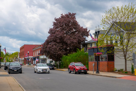 Historic commercial buildings on Main Street in Maynard historic town center in summer, Maynard, Massachusetts MA, USA.のeditorial素材