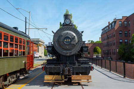 Steam locomotive Boston & Maine B&M No. 410 0-6-0 on display at National Streetcar Museum on Dutton Street in Downtown Lowell, Massachusetts, MA, USA.のeditorial素材