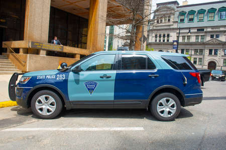 Massachusetts State Police trooper car on Beacon Hill in downtown Boston, Massachusetts MA, USA.