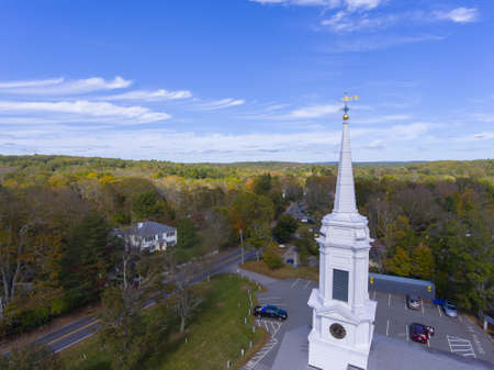 Unitarian Universalist Area Church aerial view on Washington Street in historic town center in fall, Sherborn, Boston Metro West area, Massachusetts MA, USA.の写真素材