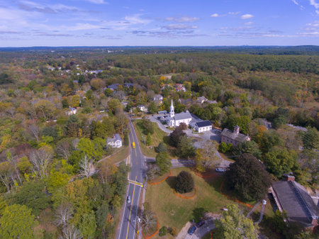 Unitarian Universalist Area Church aerial view on Washington Street in historic town center in fall, Sherborn, Boston Metro West area, Massachusetts MA, USA.の写真素材