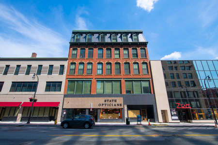 Historic commercial buildings at 381 Main Street near Mechanic Street in downtown of Worcester,...