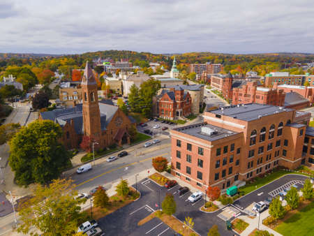 United Congregational church aerial view at 6 Institute Road with fall foliage in city of Worcester,...