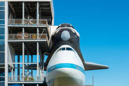 Space Shuttle mounted on Boeing 747 Shuttle Carrier Aircraft on Independence Plaza in Johnson Space Center in city of Houston, Texas TX, USA.のeditorial素材