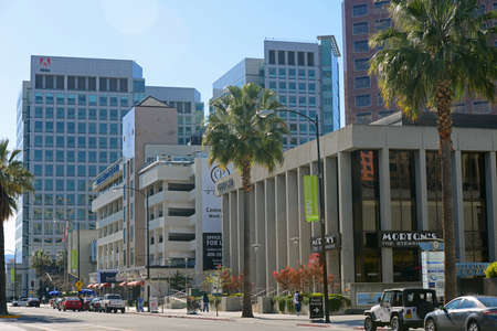 Historic buildings on Park Avenue at Market Street with Adobe Inc headquarter at the background in downtown San Jose, California CA, USA.のeditorial素材
