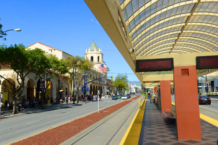 Platform of Convention Center Station for Santa Clara Valley Transportation Authority VTA Light Rail in downtown San Jose, California CA, USA.のeditorial素材
