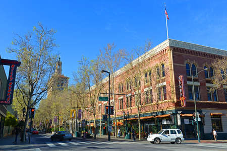 San Jose downtown cityscape. Historic commercial building at intersection of San Fernando Street and 1st Street, San Jose, California CA, USA.のeditorial素材