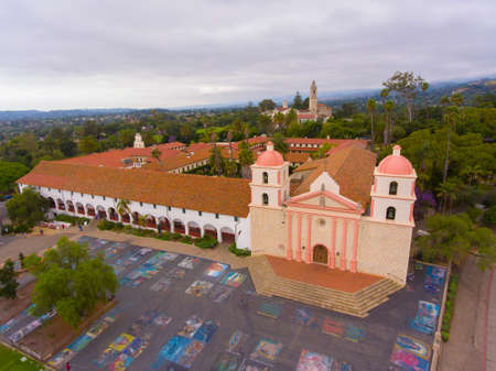 Old Mission Santa Barbara aerial view at 2201 Laguna Street in city of Santa Barbara, California CA, USA. This mission was built in 1820 with Spanish Colonial style.の写真素材