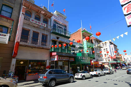 Antique Chinese style commercial buildings at 947 Grant Avenue near Jackson Street in historic Chinatown in San Francisco, California CA, USA.のeditorial素材