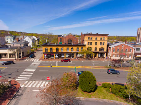 Massachusetts Avenue aerial view at Mystic Street in historic town center of Arlington, Massachusetts MA, USA.のeditorial素材