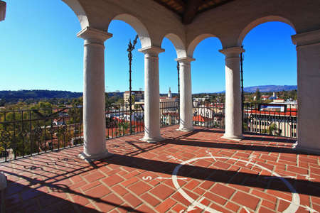 El Mirador clock tower of Santa Barbara County Courthouse at 1100 Anacapa Street in historic city center of Santa Barbara, California CA, USA. The El Mirador provides aerial view of the historic city.のeditorial素材