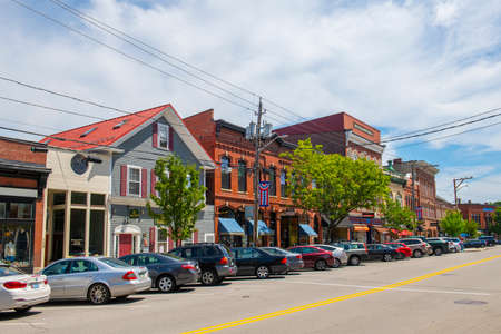 Historic Italianate style commercial building and Bandstand at Water Street and Front Street in historic town center of Exeter, New Hampshire NH, USA.のeditorial素材