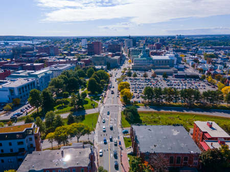 Aerial view of Portland historic downtown skyline on Congress Street, viewed from Munjoy Hill, Portland, Maine ME, USA.の写真素材