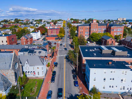 Aerial view of Munjoy Hill historic district on Congress Street from downtown Portland, Maine ME,...