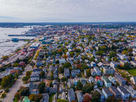 Munjoy Hill historic district aerial view with Portland downtown skyline at the background in Portland, Maine ME, USA.の写真素材