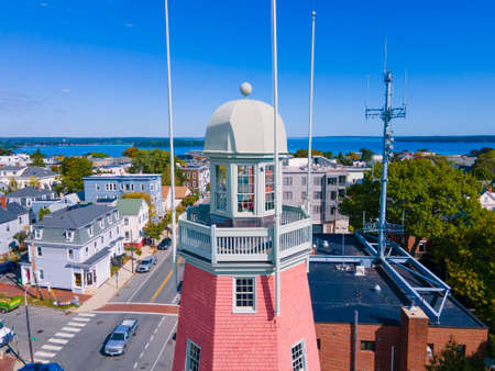 Portland Observatory aerial view at 138 Congress Street on Munjoy Hill in Portland, Maine ME, USA. This observatory is a historic maritime signal tower built in 1807.の写真素材