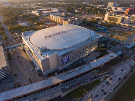 Amway Center aerial view at sunset at 400 West Church Street in Downtown Orlando, Florida FL, USA. This indoor arena is the home to the Orlando Magic of the NBA.のeditorial素材
