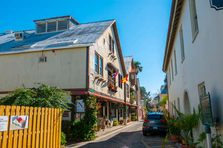 Historic commercial buildings at 11 Aviles Street in historic center of St. Augustine, Florida FL, USA.のeditorial素材