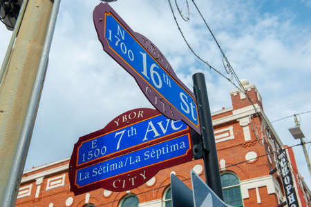 Ybor road sign at E 7th Avenue at N 16th Street in Ybor City Historic District in Tampa, Florida FL, USA.のeditorial素材