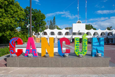 Colorful Cancun Letters at Palacio Municipal (City Hall) plaza on Avenida Tulum in downtown Cancun, Quintana Roo QR, Mexico.のeditorial素材