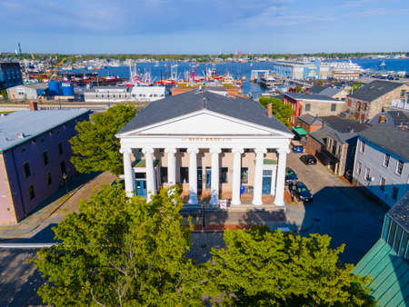 Aerial view of J. J. Best Banc and Co. building and harbor in New Bedford Whaling National Historical Park, Massachusetts MA, USA.のeditorial素材