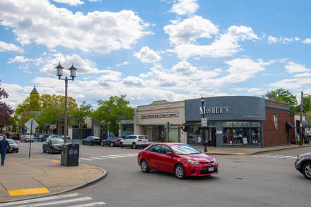 Historic commercial buildings on Centre Street at Pelham Street at Newton Centre in city of Newton, Massachusetts MA, USA.のeditorial素材