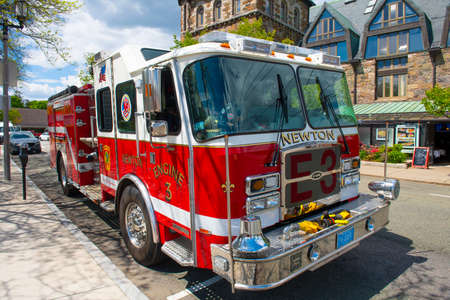 Newton Fire Truck on duty at Newton Centre in city of Newton, Massachusetts MA, USA.