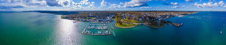 Plymouth Bay and Plymouth Village Historic District panoramic aerial view, including Antique ship...