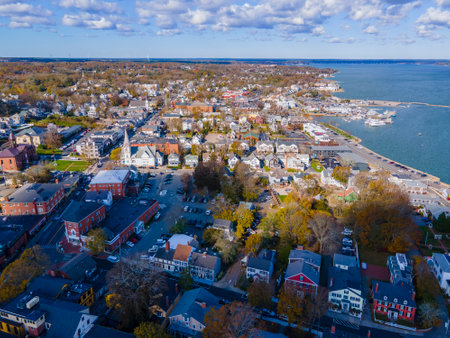 Plymouth historic town center aerial view on Main Street in fall, Plymouth, Massachusetts MA, USA.の写真素材