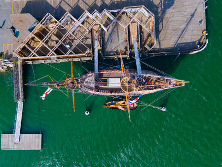 Mayflower II is a reproduction of the 17th century ship Mayflower docked at town of Plymouth,...