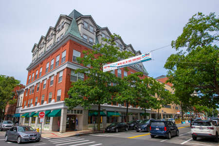 Historic commercial buildings at 234 Washington Street at Essex Street in Historic city center of Salem, Massachusetts MA, USA.のeditorial素材