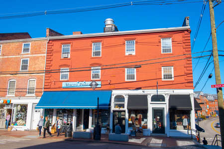 Historic commercial buildings on Market Street in historic city center of Portsmouth, New Hampshire NH, USA.のeditorial素材