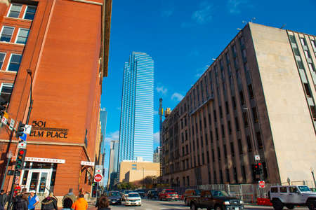 Elm Street modern city view at Houston Street with Bank of America Plaza building at 901 Main Street...