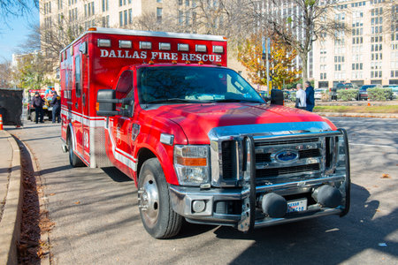 Dallas Fire Department rescue vehicle in downtown Dallas, Texas TX, USA.のeditorial素材
