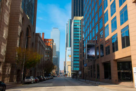 Elm Street modern city view at North St. Paul Street with Bank of America Plaza building at 901 Main Street in downtown Dallas, Texas TX, USA.のeditorial素材