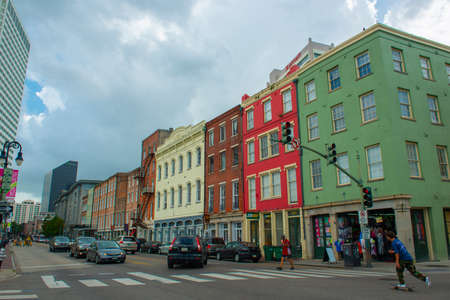 Historic commercial buildings on N Peters Street at Bienville Street in French Quarter in New Orleans, Louisiana LA, USA.のeditorial素材