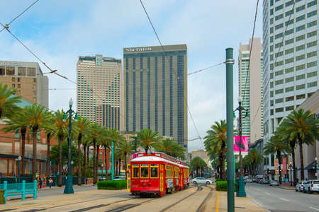 RTA Streetcar Canal Line Route 47 at Peters Street station in French Quarter in downtown New Orleans, Louisiana LA, USA.のeditorial素材